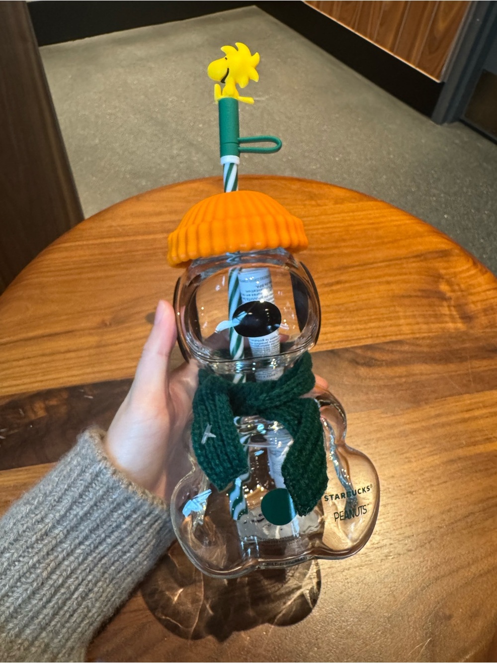 Starbucks Peanuts Glass Cup - Orange Hat, Green Scarf